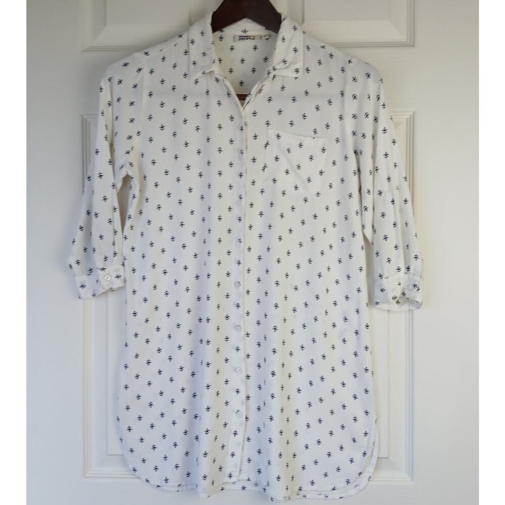 People Soft Fleur-de-lis Button Up Blouse Sm white roll tab sleeves vintage 90s